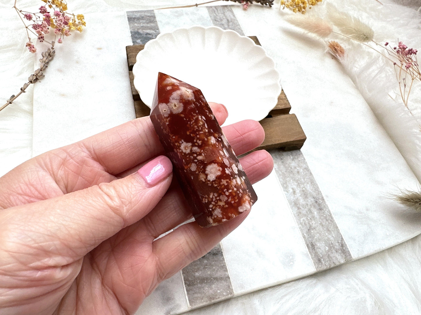 Small Carnelian Flower Agate Tower Obelisk