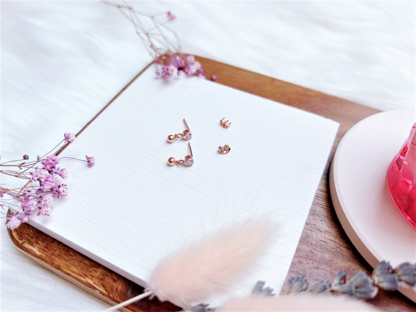 Cubic Zirconia Stud Earrings with Bead Ball Charm (Rose Gold)