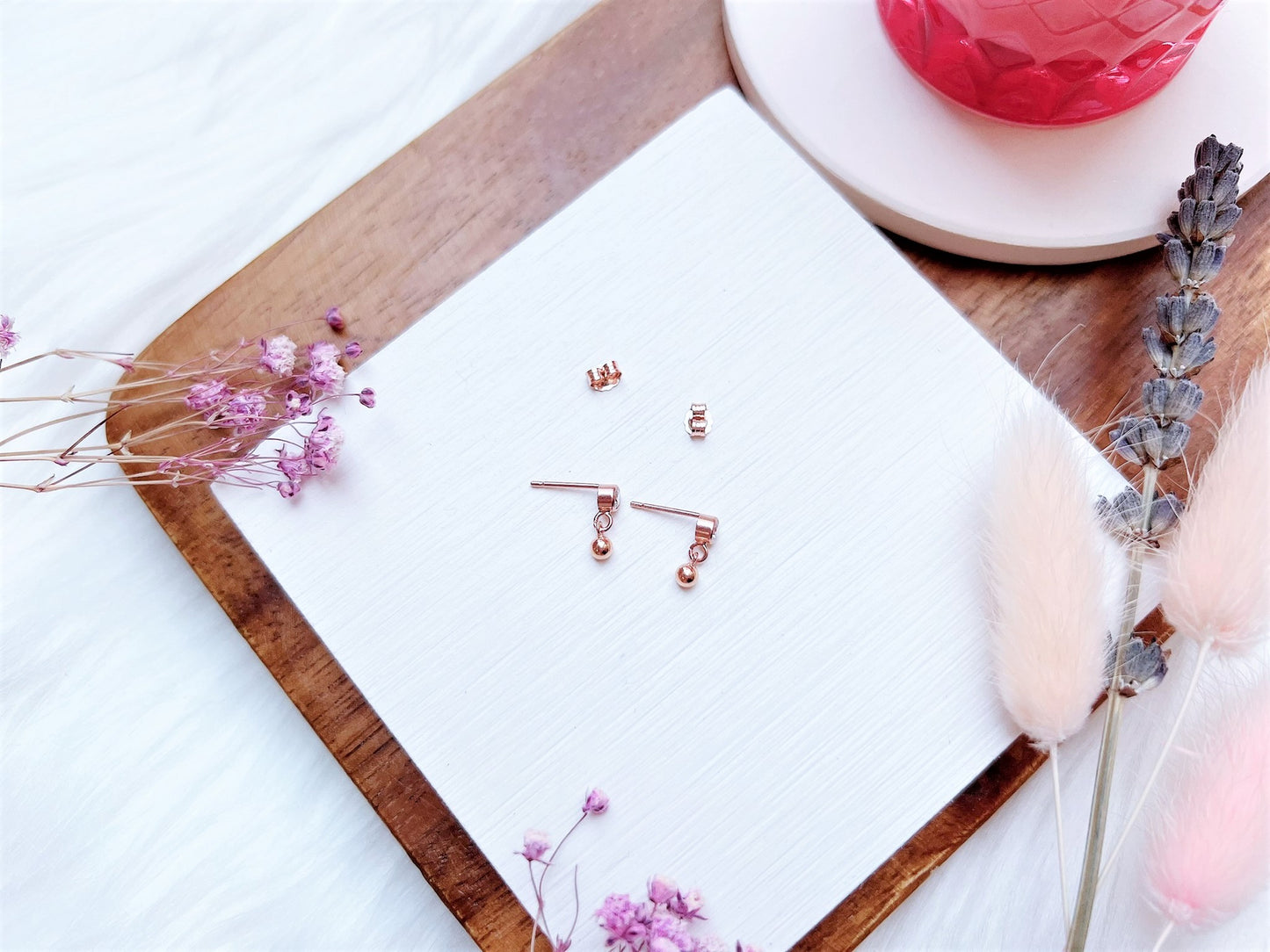 Cubic Zirconia Stud Earrings with Bead Ball Charm (Rose Gold)