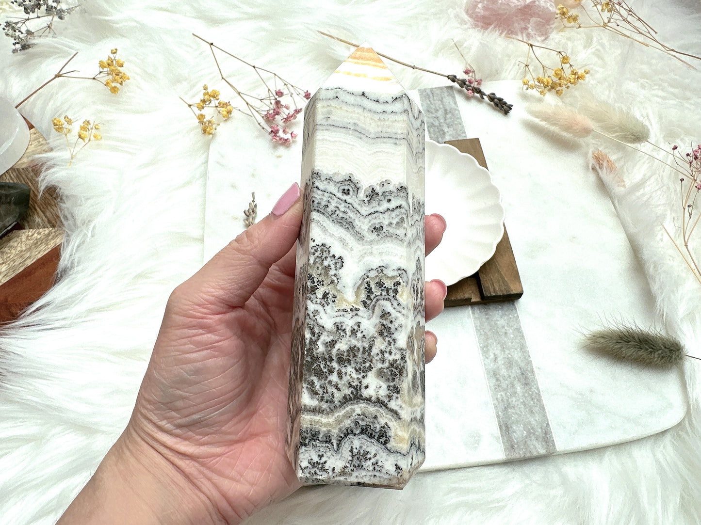Dendritic Banded Orange Calcite Tower Obelisk
