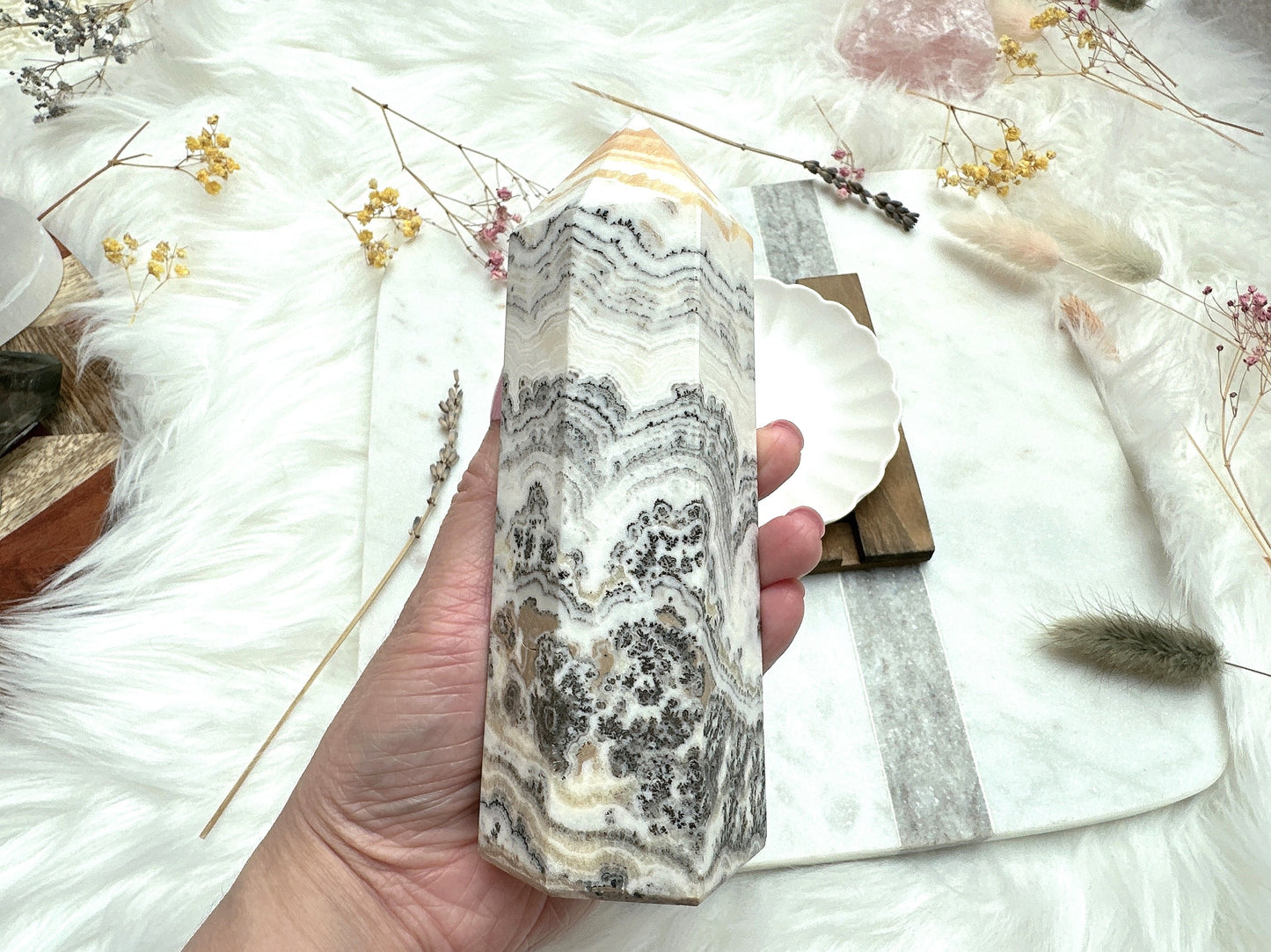 Dendritic Banded Orange Calcite Tower Obelisk