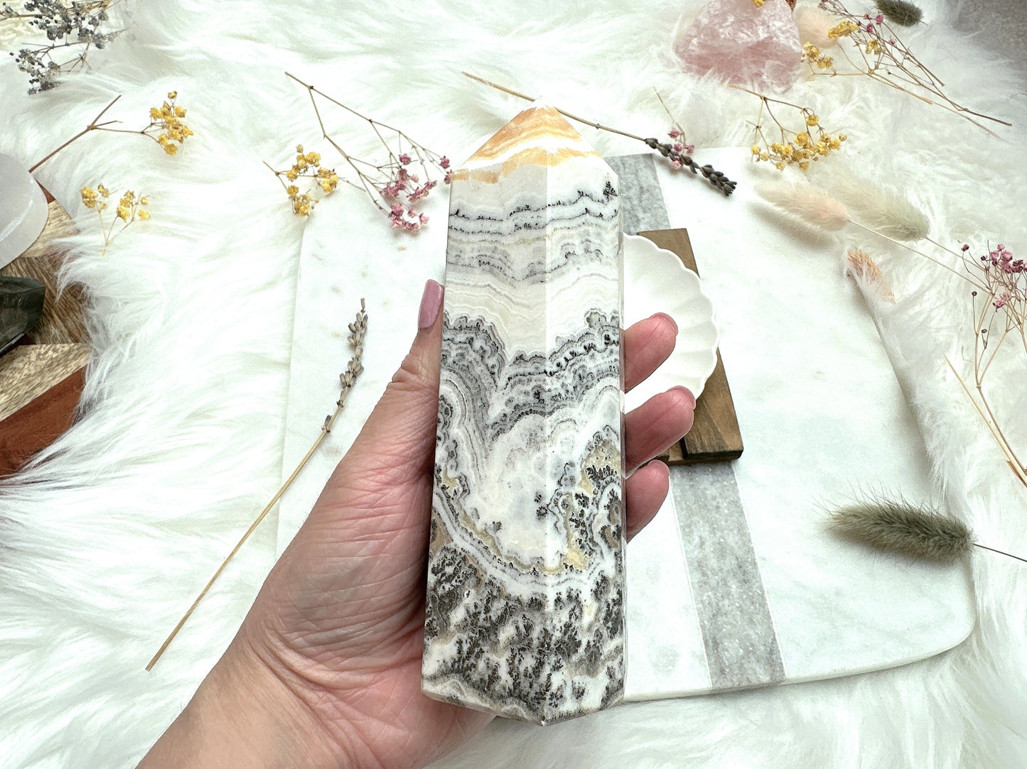 Dendritic Banded Orange Calcite Tower Obelisk