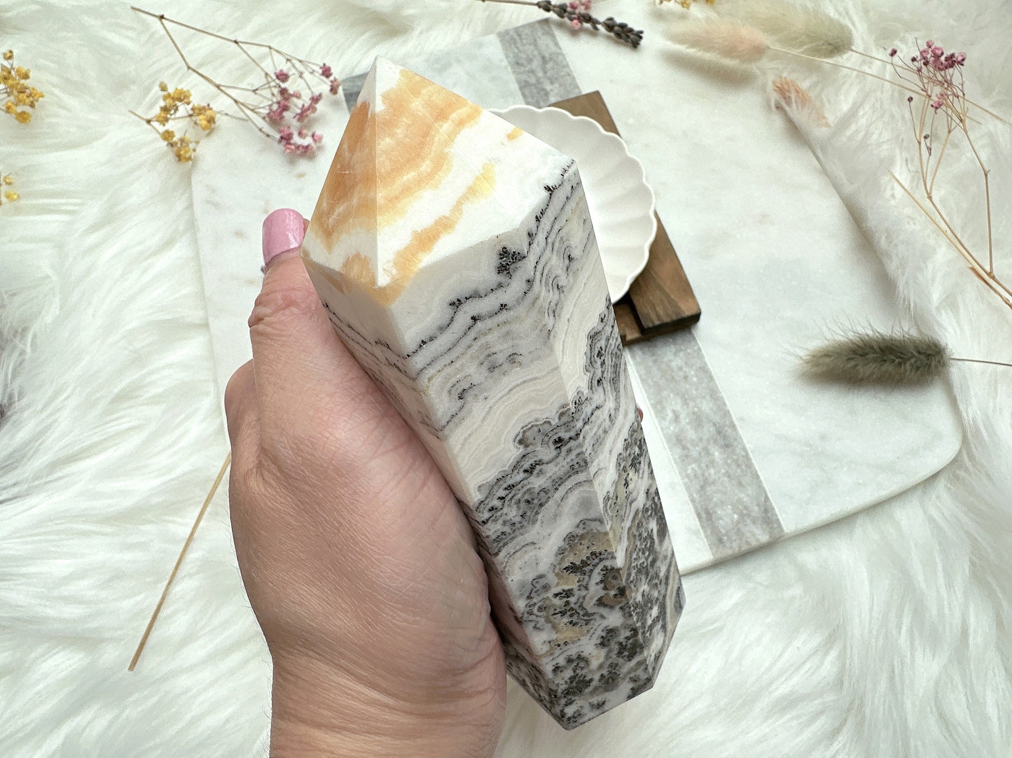 Dendritic Banded Orange Calcite Tower Obelisk