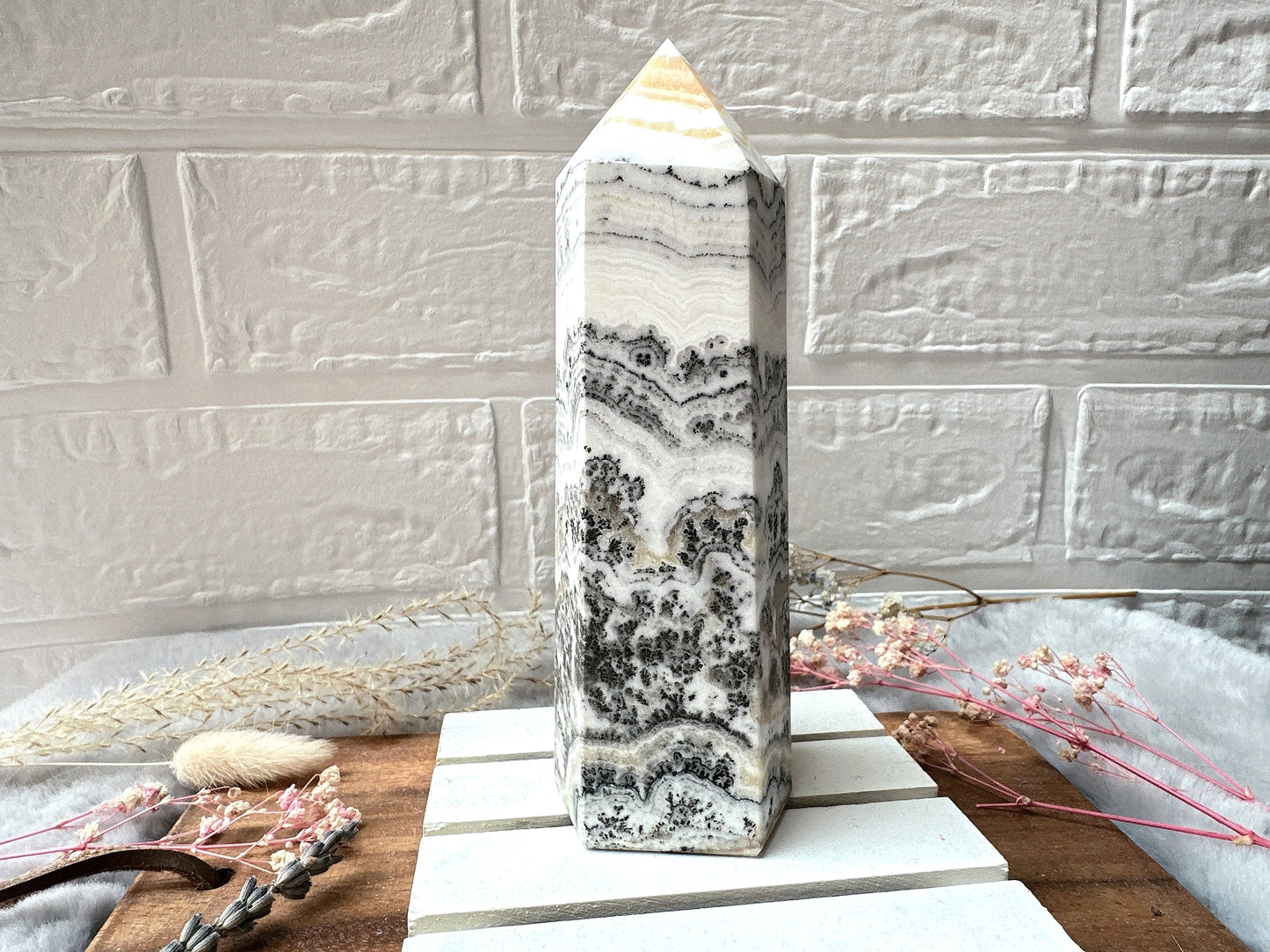 Dendritic Banded Orange Calcite Tower Obelisk