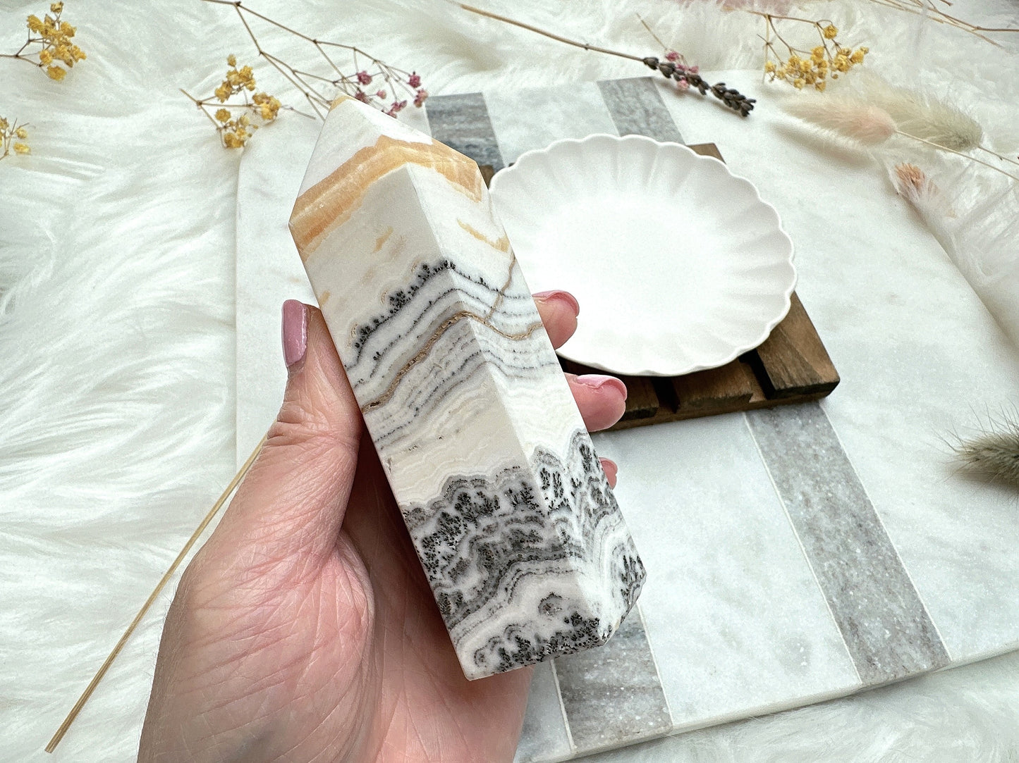 Dendritic Banded Orange Calcite Tower Obelisk