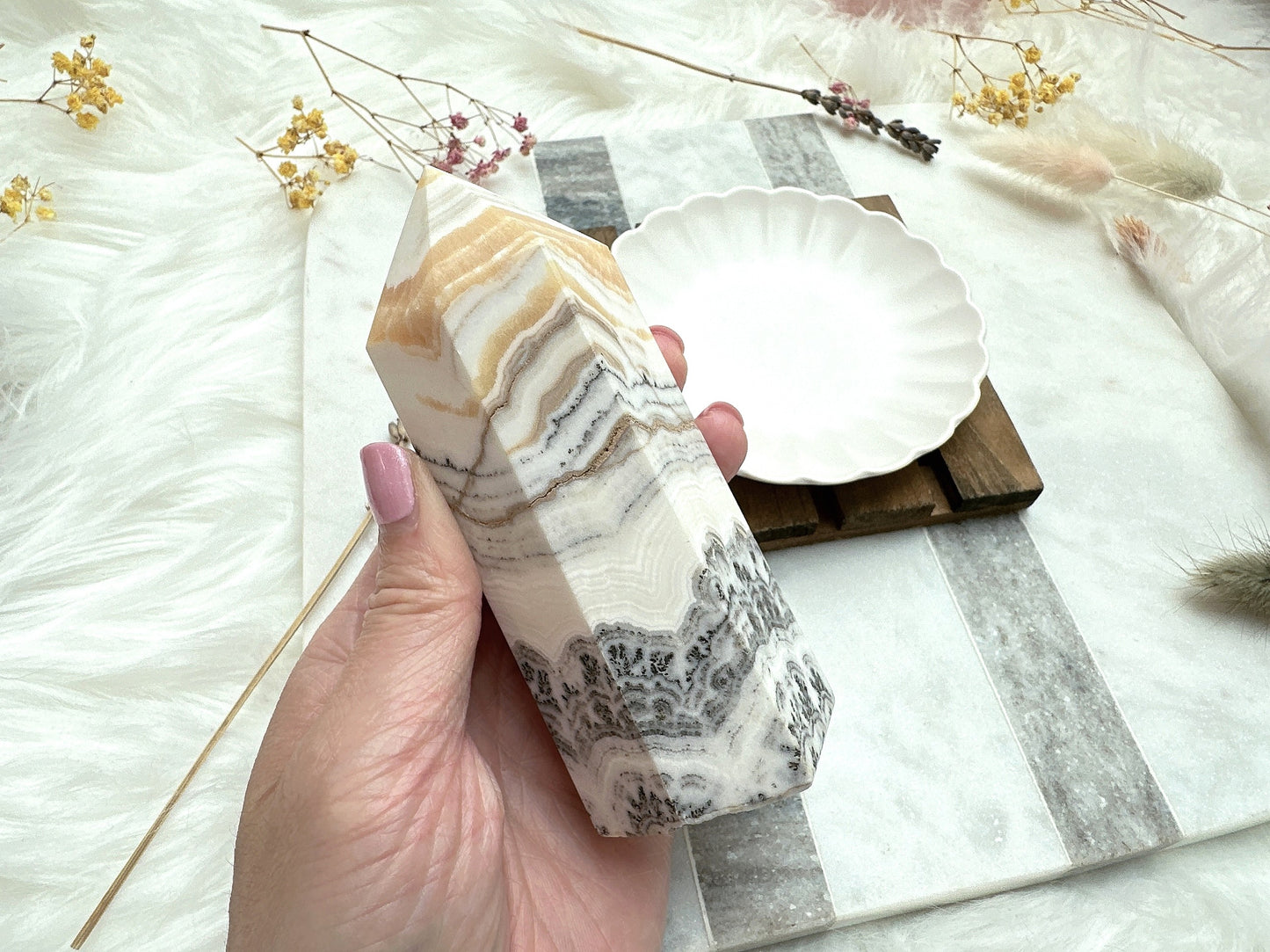 Dendritic Banded Orange Calcite Tower Obelisk