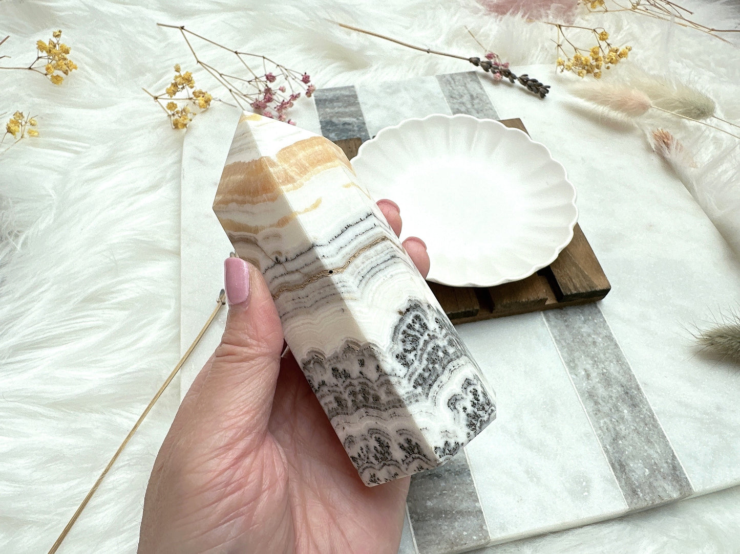 Dendritic Banded Orange Calcite Tower Obelisk