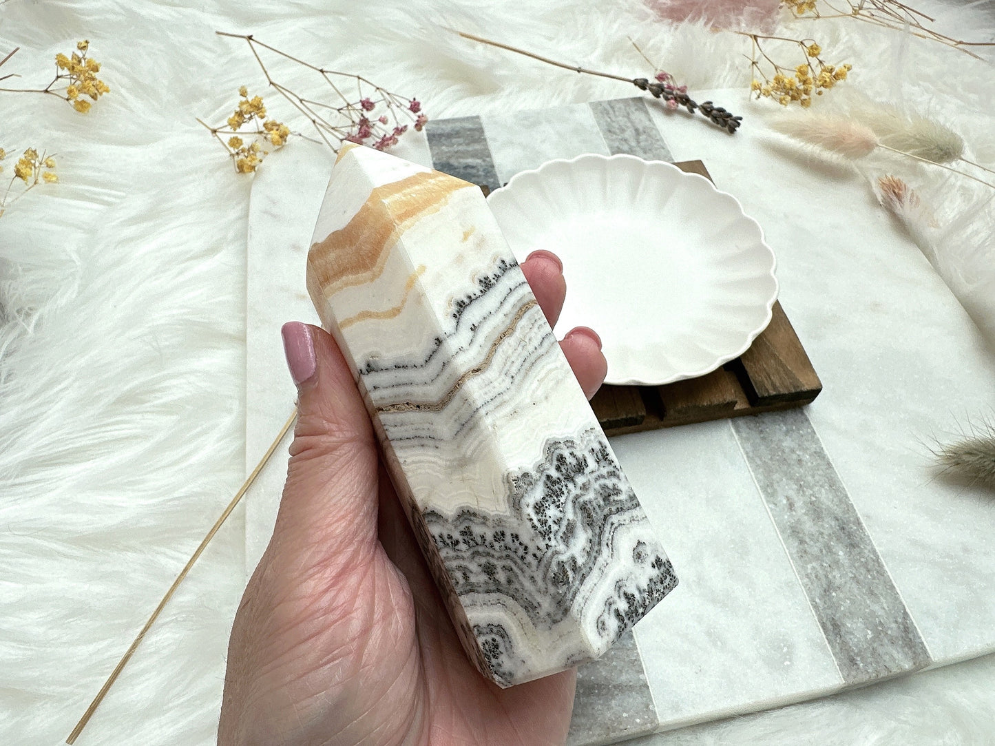 Dendritic Banded Orange Calcite Tower Obelisk