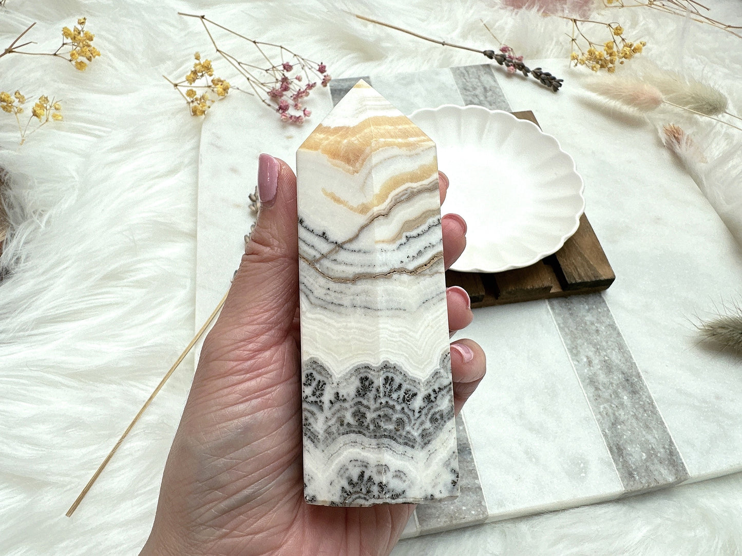 Dendritic Banded Orange Calcite Tower Obelisk