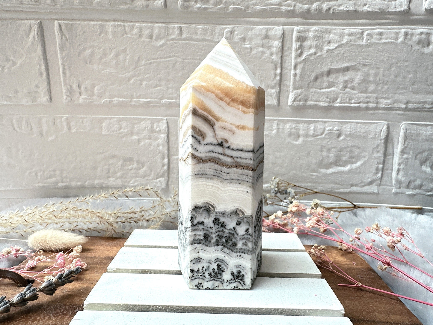Dendritic Banded Orange Calcite Tower Obelisk