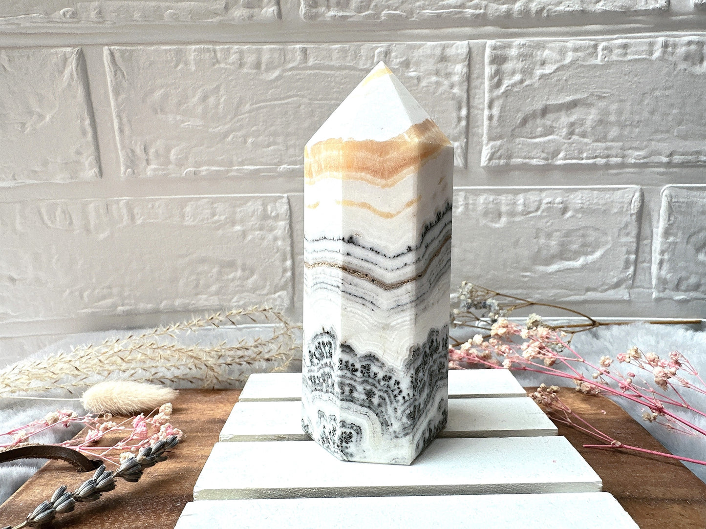 Dendritic Banded Orange Calcite Tower Obelisk