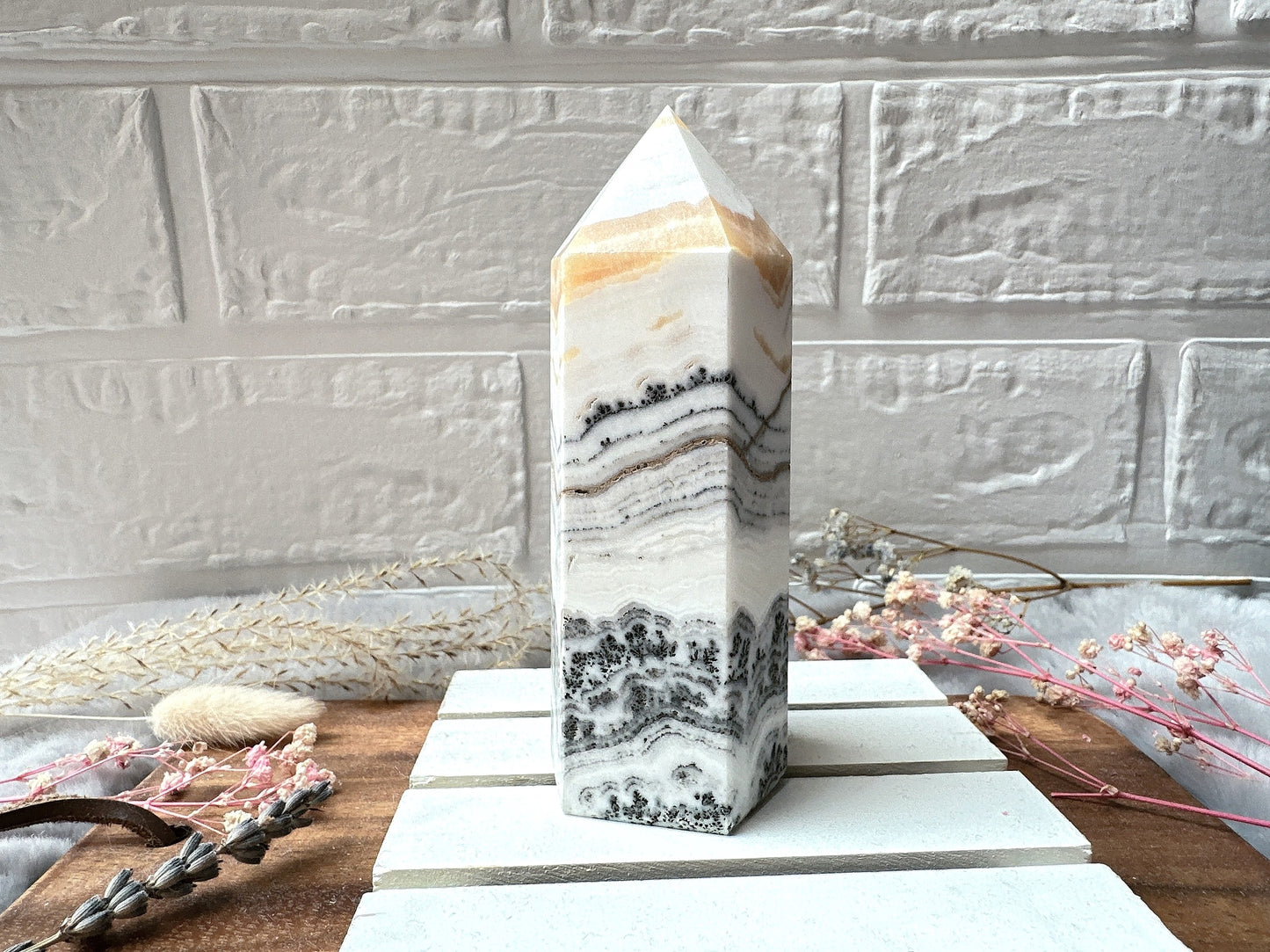 Dendritic Banded Orange Calcite Tower Obelisk