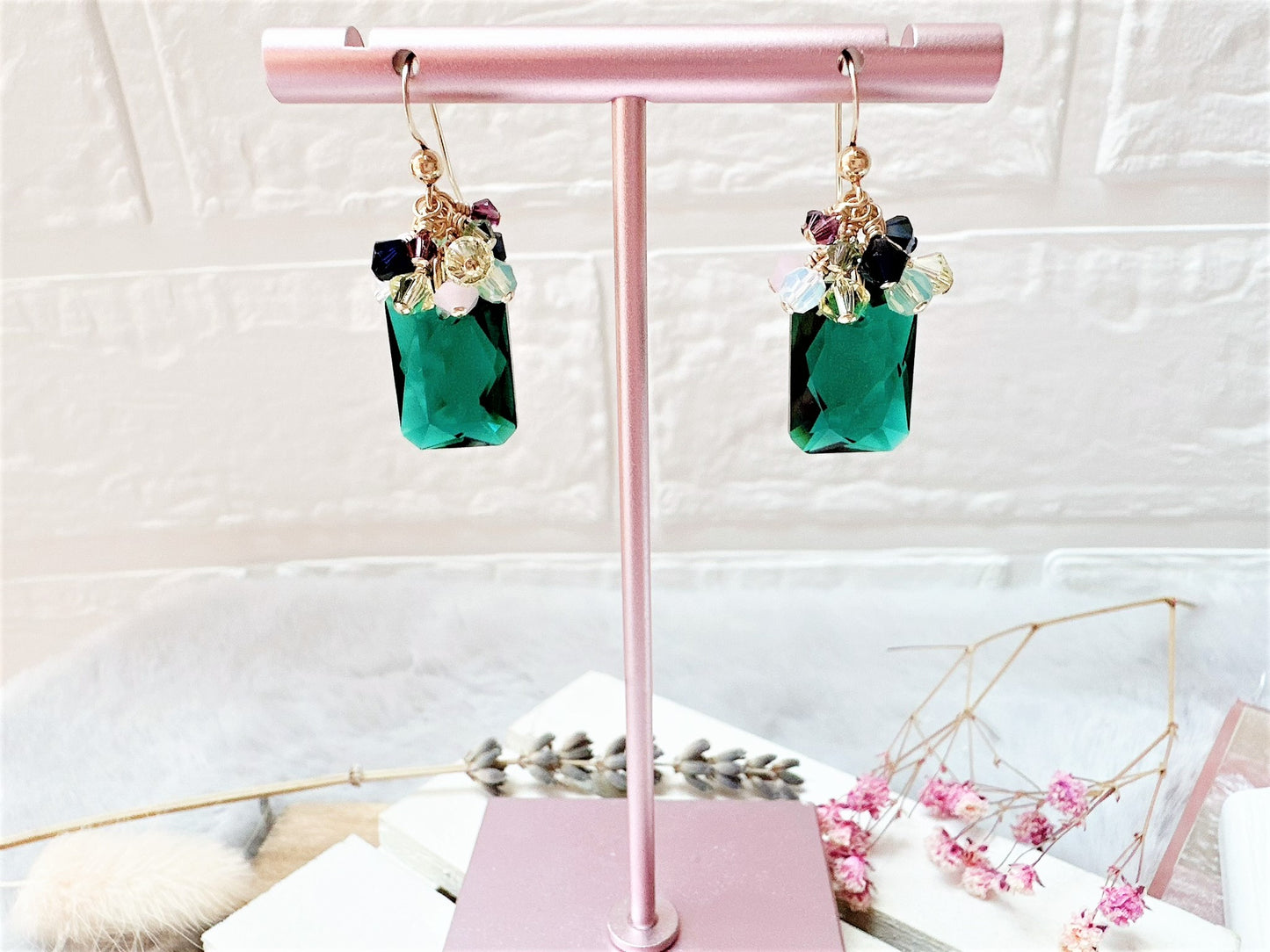 Emerald Cut Crystal Cluster Drop Earrings