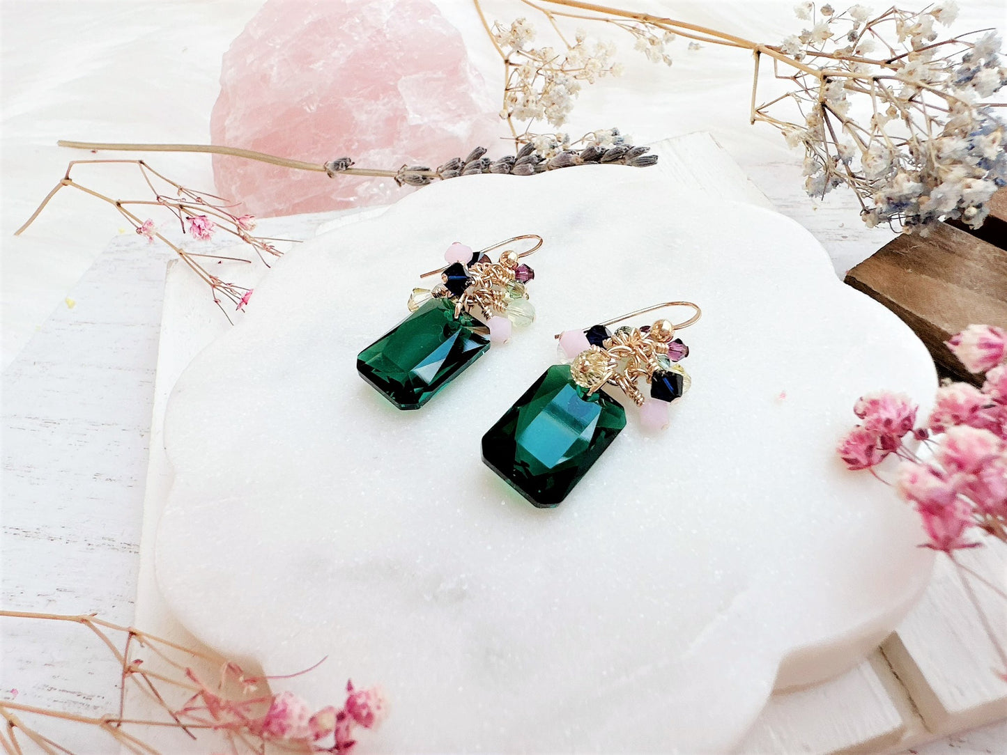 Emerald Cut Crystal Cluster Drop Earrings
