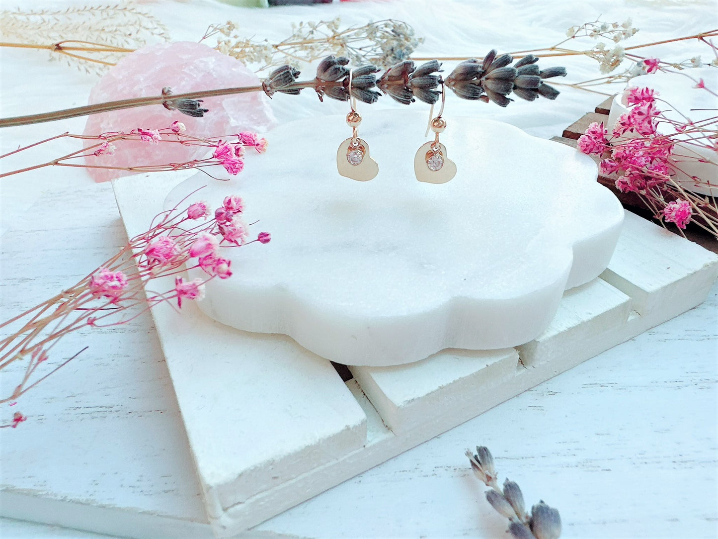 Gold Heart and Mini Cubic Zirconia Earrings