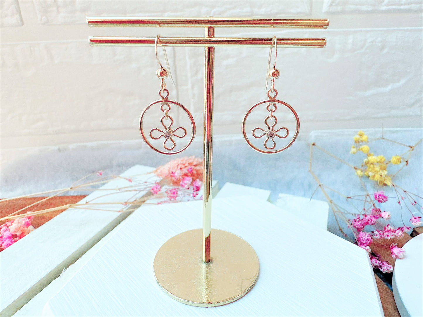 Flower Charm in Gold Circle Frame Earrings