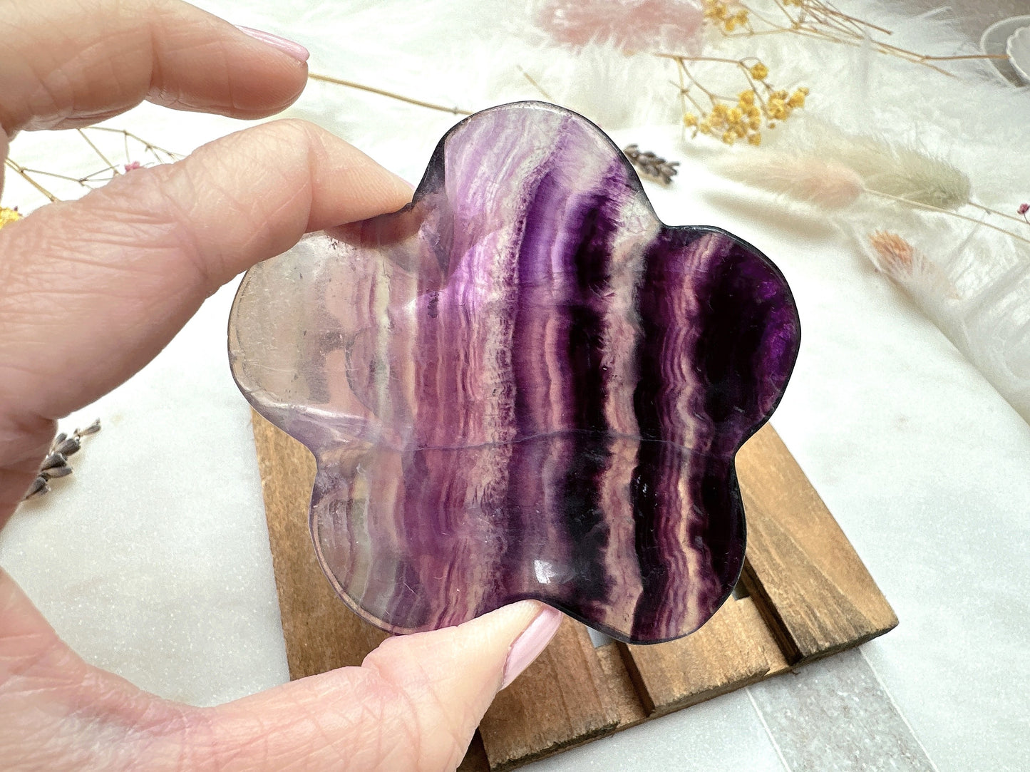 Small Fluorite Flower Bowl with Mini Crystal Hearts Bundle Set