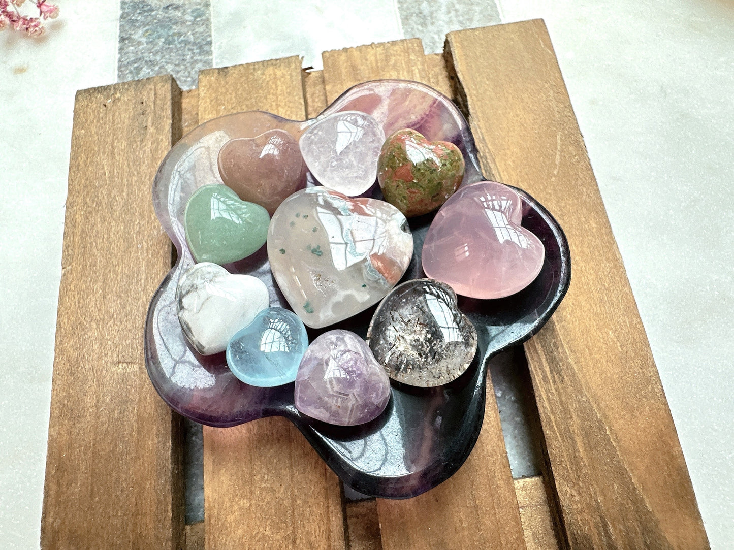 Small Fluorite Flower Bowl with Mini Crystal Hearts Bundle Set