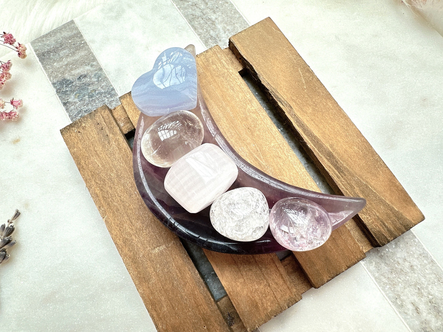 Small Fluorite Moon Bowl with Mini Crystals Bundle Set