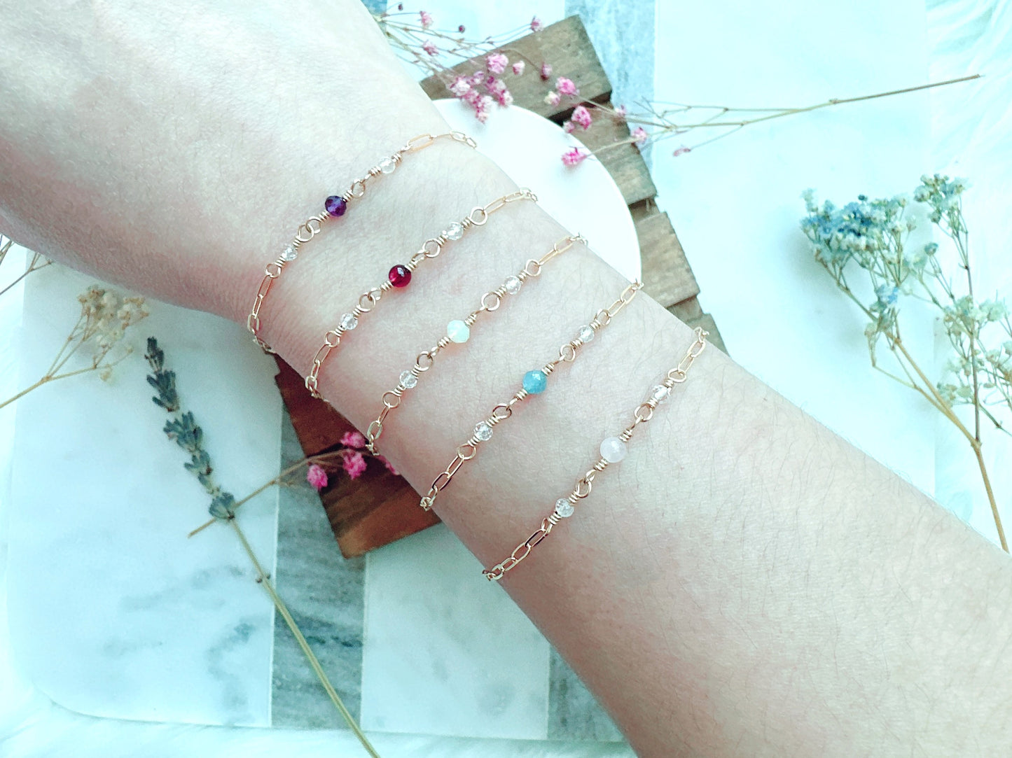 Tiny Gemstones Bracelet on Dainty Paperclip Chain