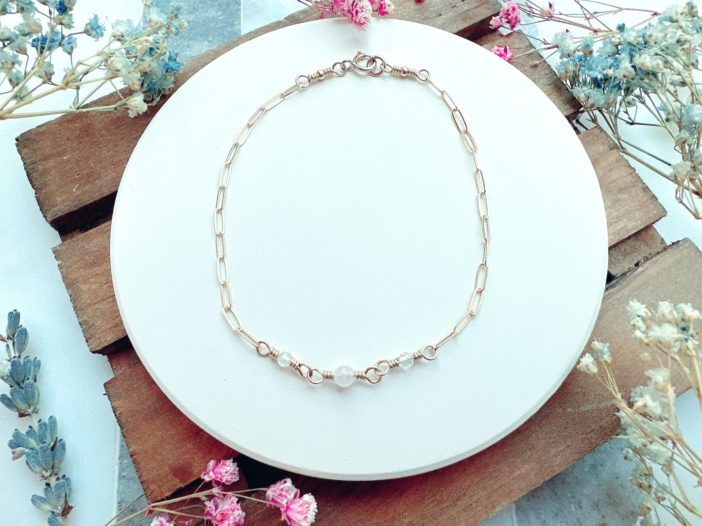 Tiny Gemstones Bracelet on Dainty Paperclip Chain