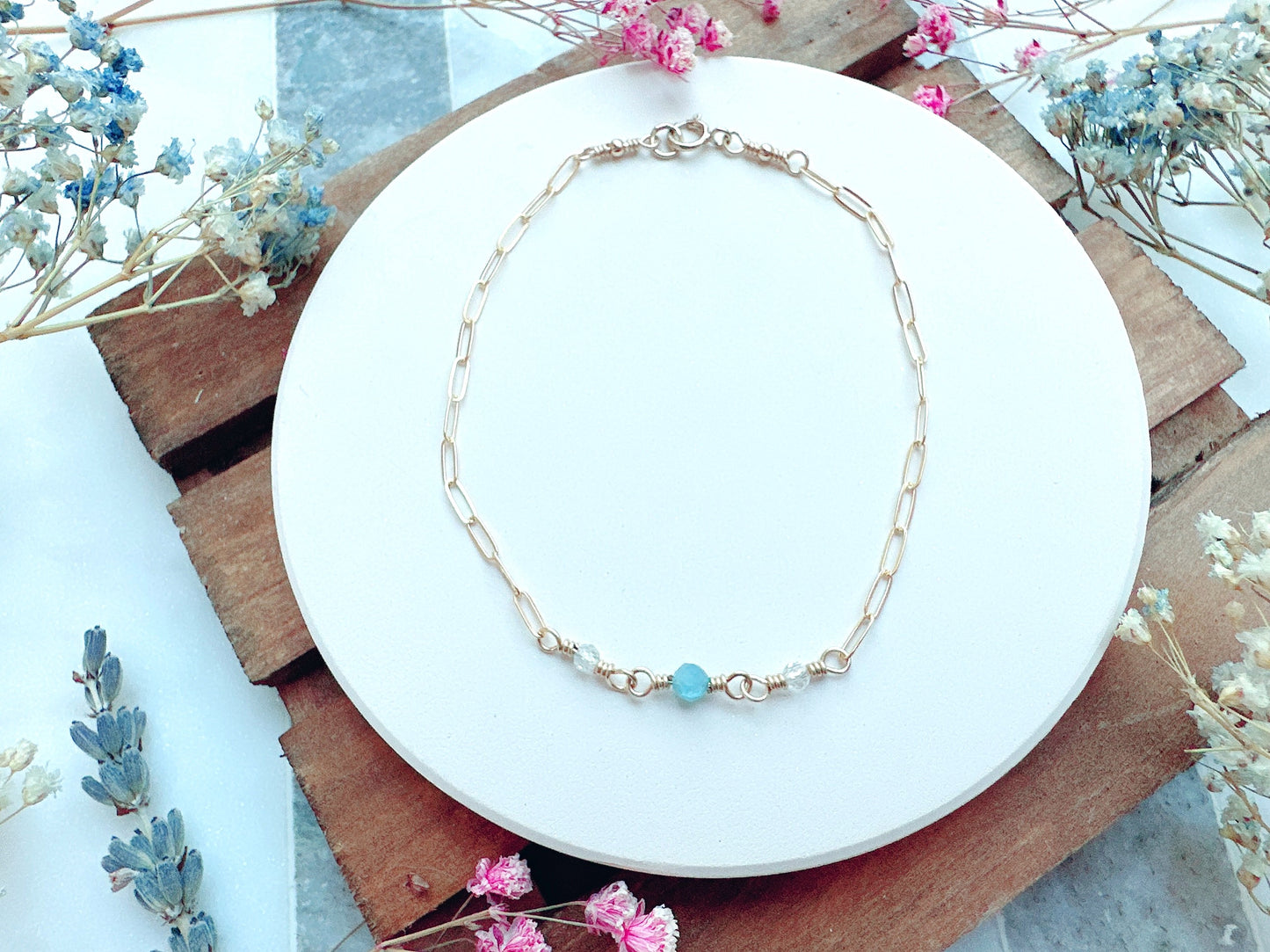 Tiny Gemstones Bracelet on Dainty Paperclip Chain