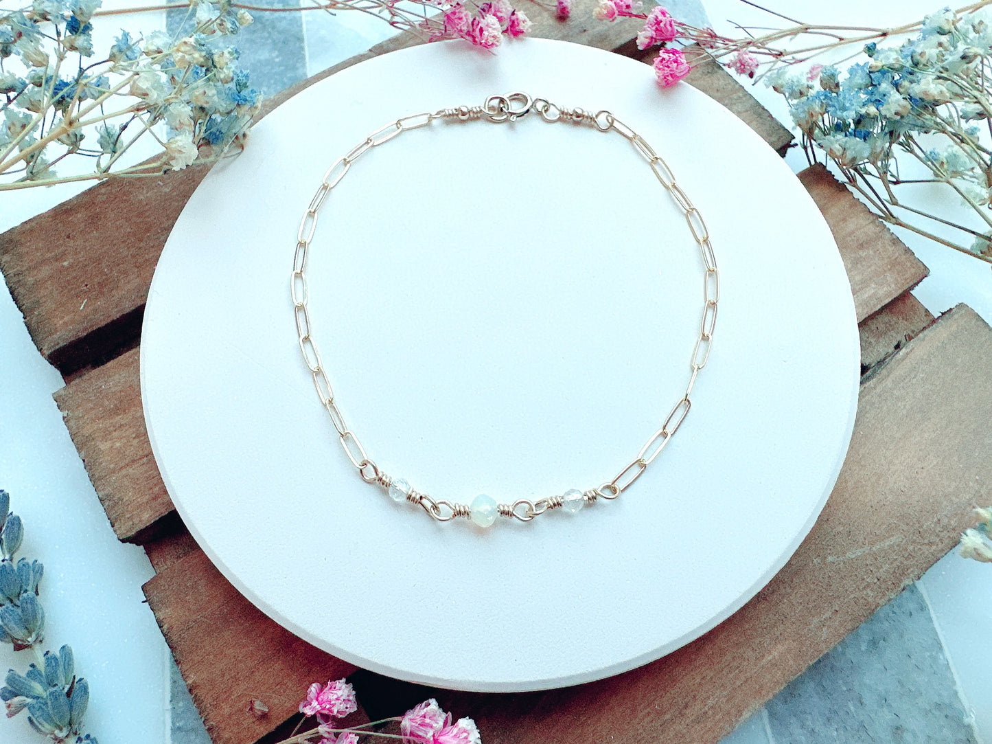 Tiny Gemstones Bracelet on Dainty Paperclip Chain