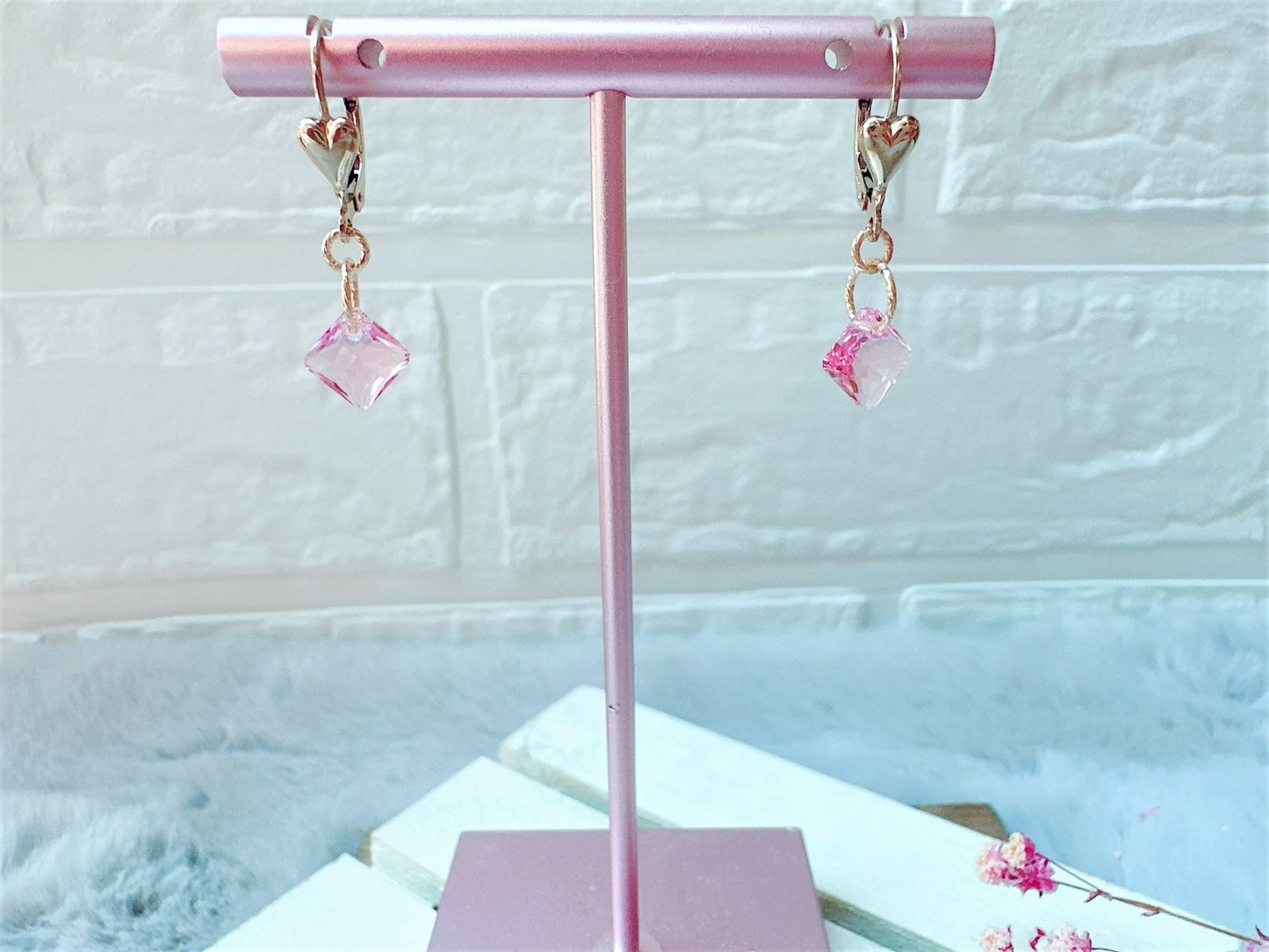 Princess Cut Crystal Earrings with Gold Heart Leverback
