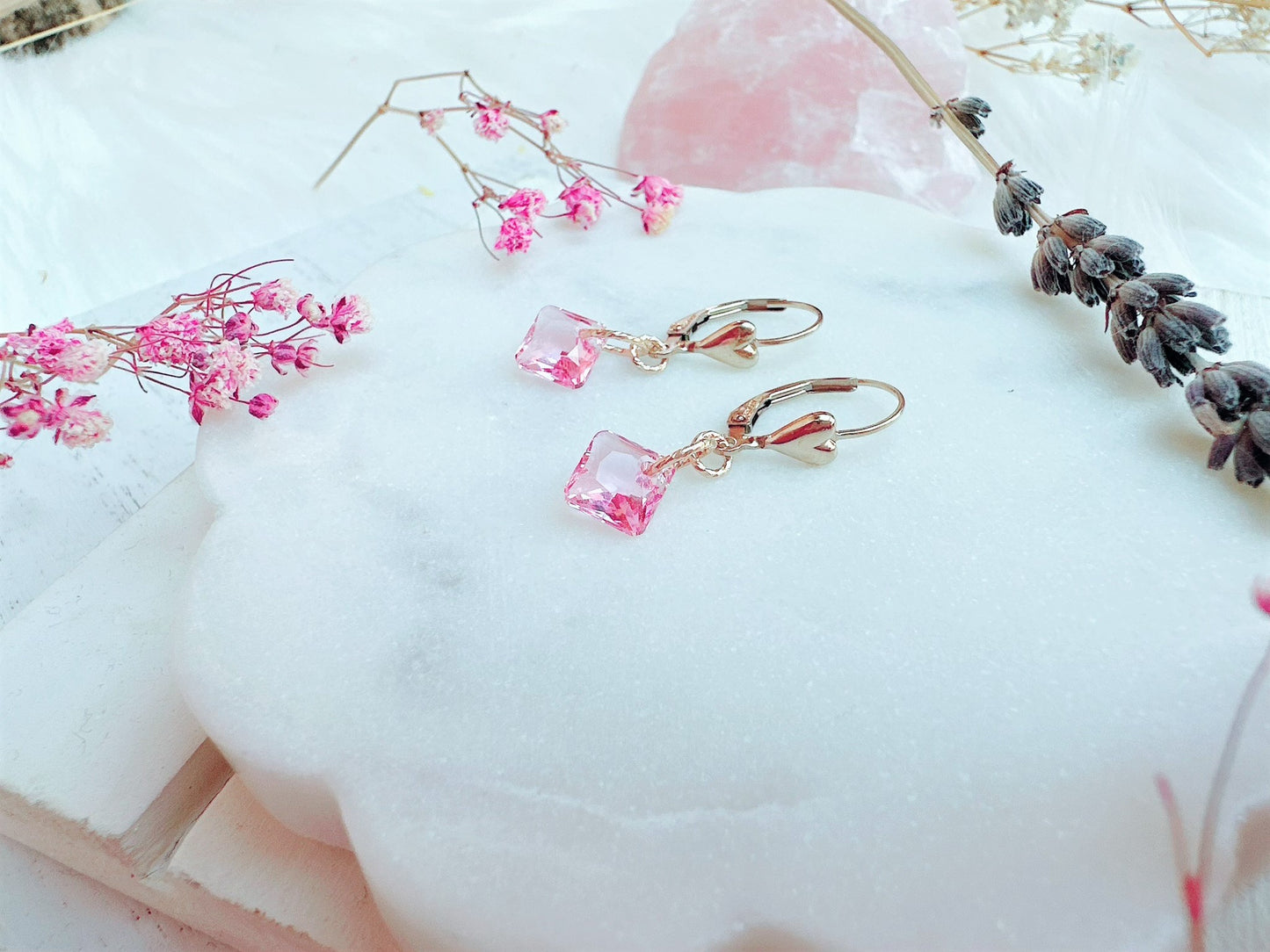 Princess Cut Crystal Earrings with Gold Heart Leverback