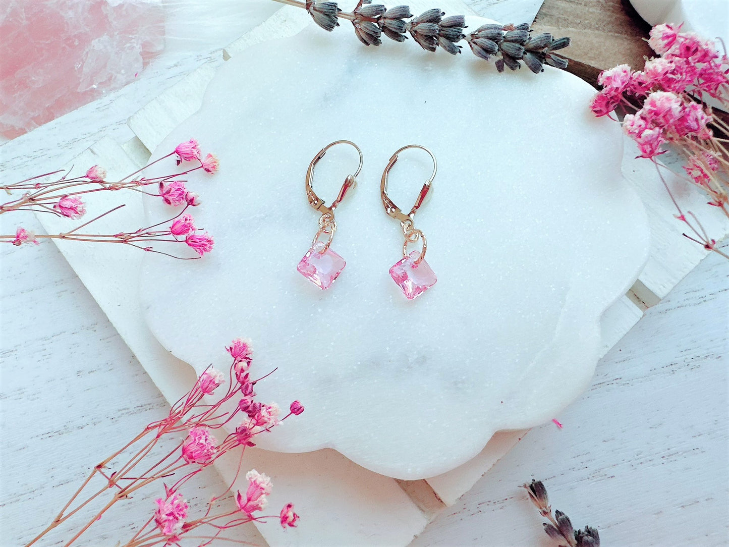 Princess Cut Crystal Earrings with Gold Heart Leverback
