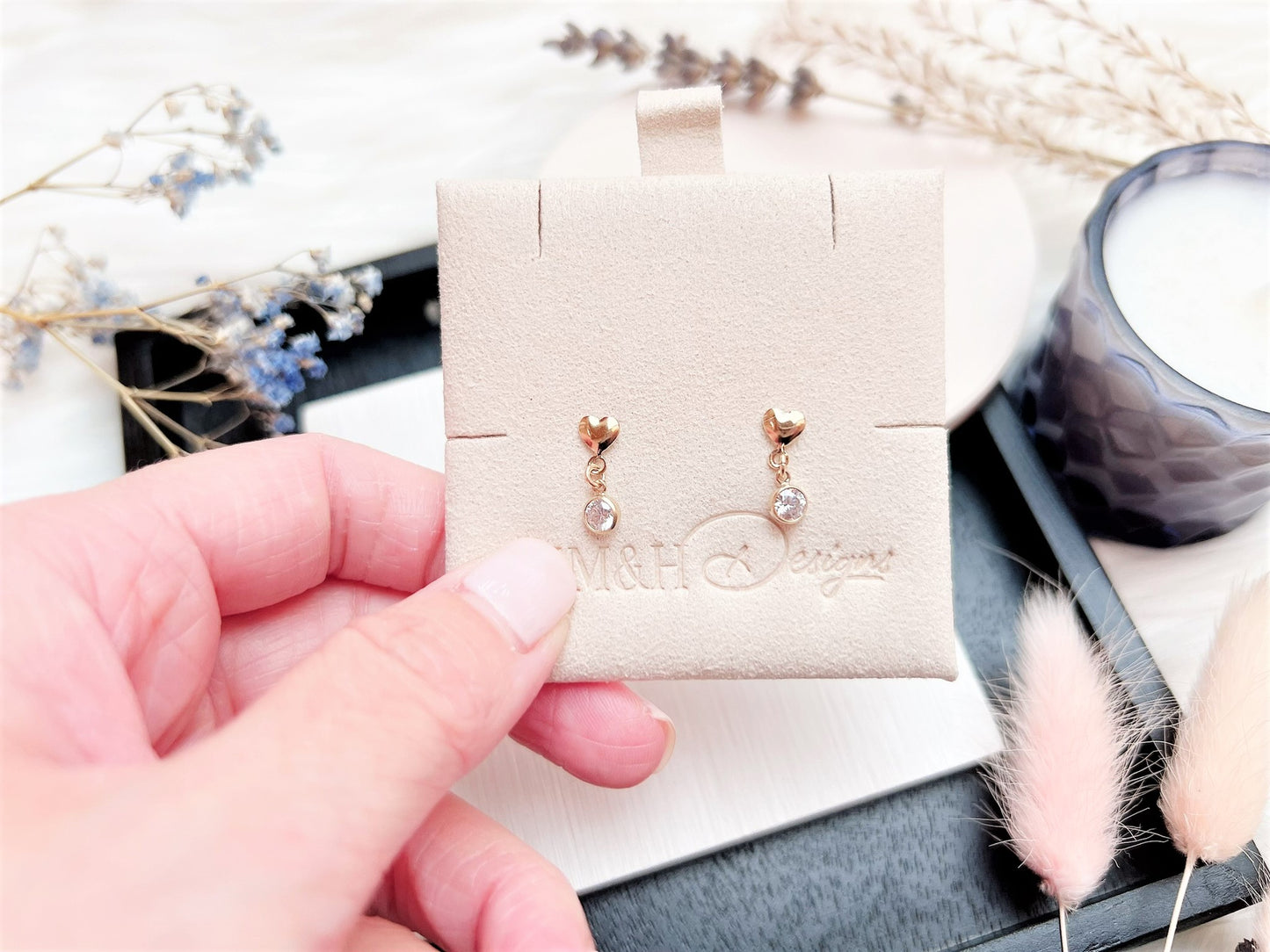 Heart Stud Earrings with Cubic Zirconia Charm
