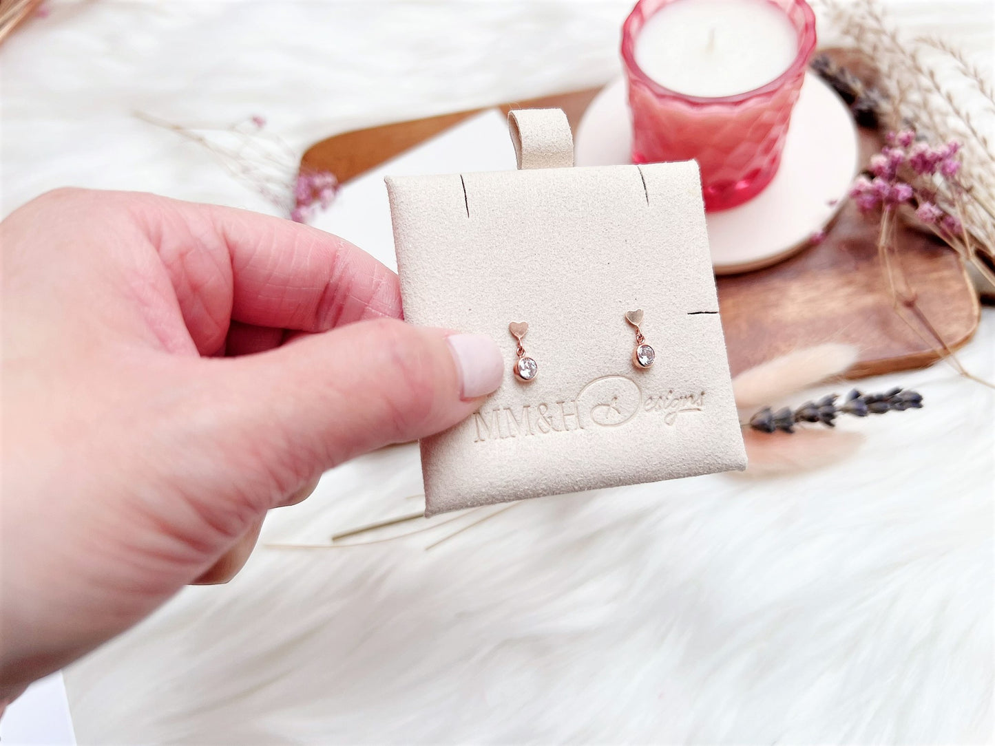 Mini Heart Stud Earrings with Cubic Zirconia Charm (Rose Gold)
