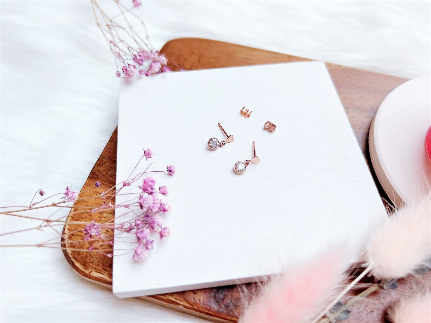 Mini Heart Stud Earrings with Cubic Zirconia Charm (Rose Gold)