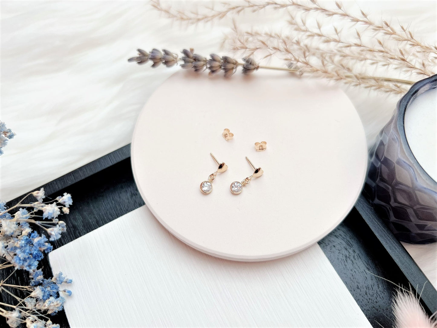 Heart Stud Earrings with Cubic Zirconia Charm