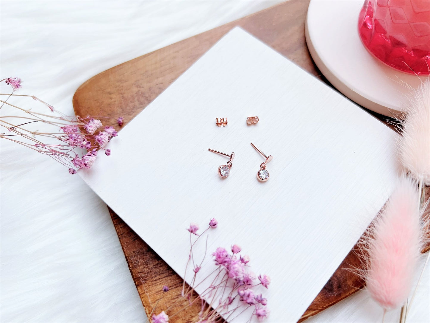 Mini Heart Stud Earrings with Cubic Zirconia Charm (Rose Gold)