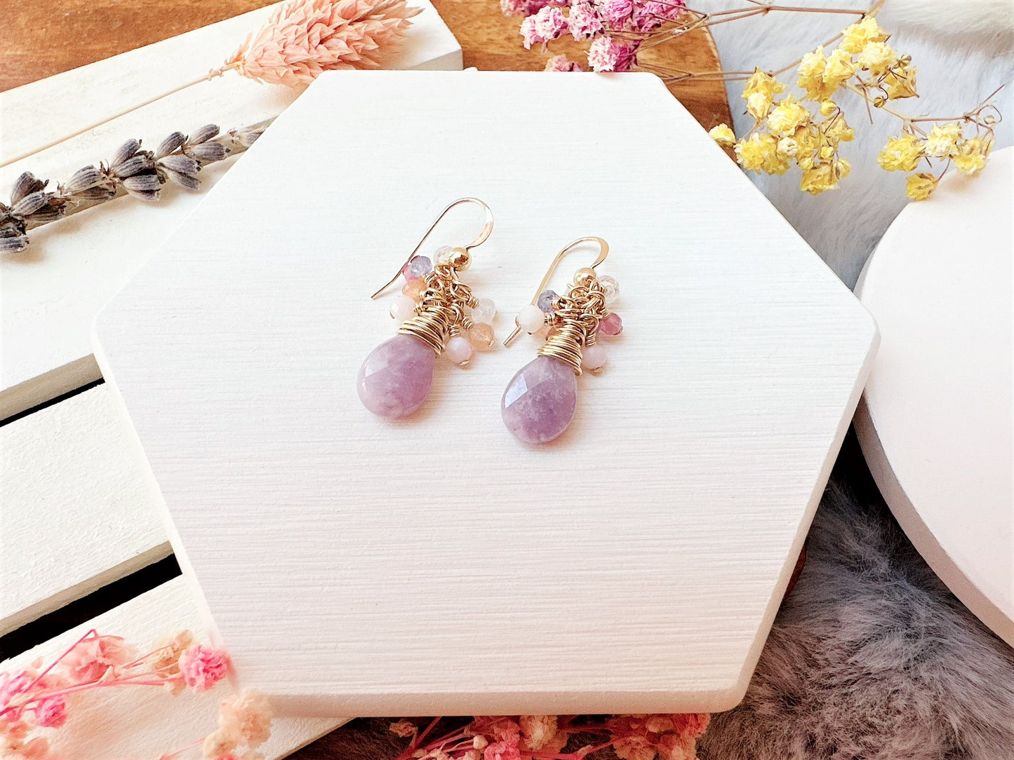 Lepidolite and Mini Gemstone Cluster Earrings