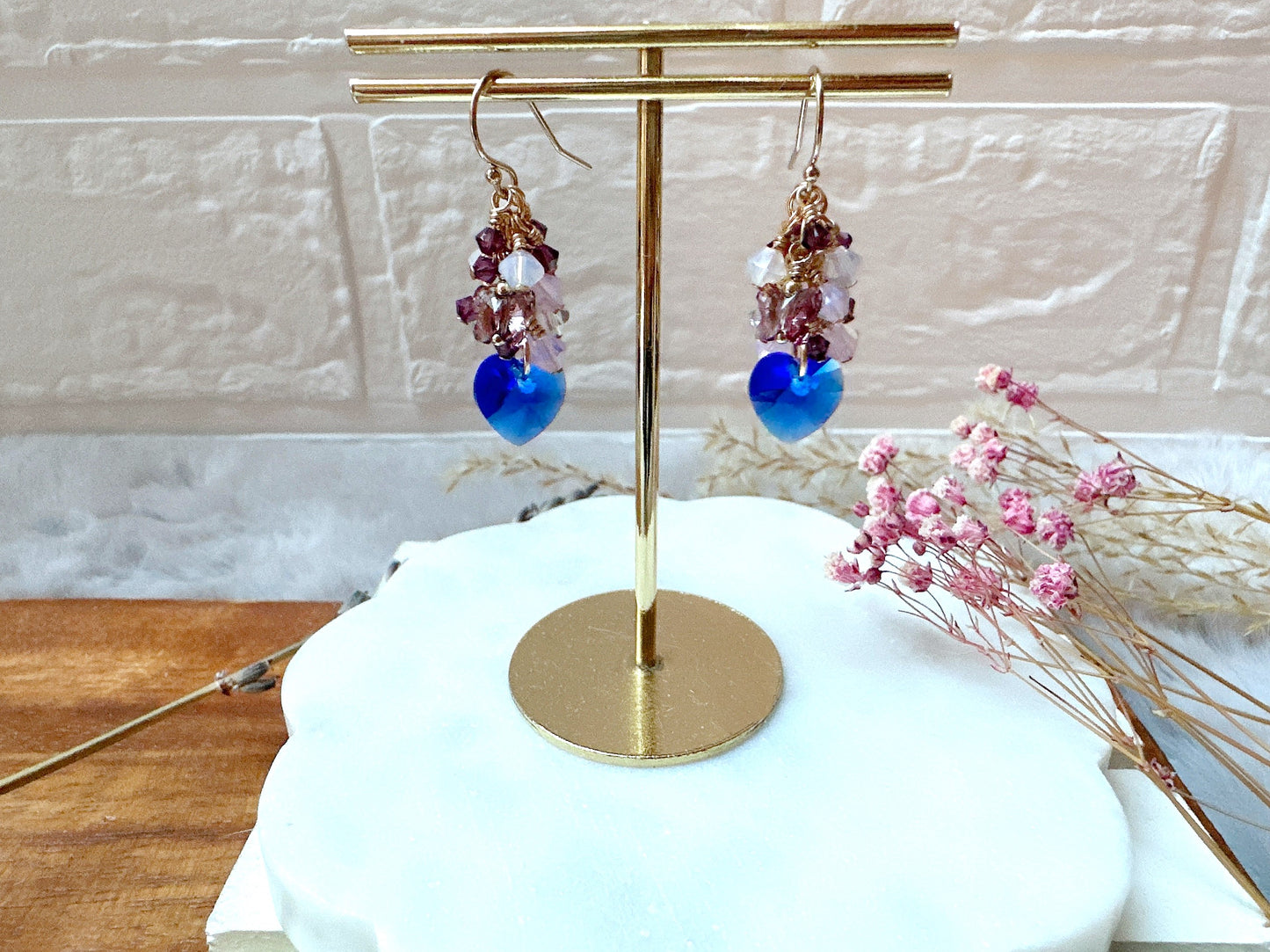 Majestic Blue Heart Crystal Cluster Earrings