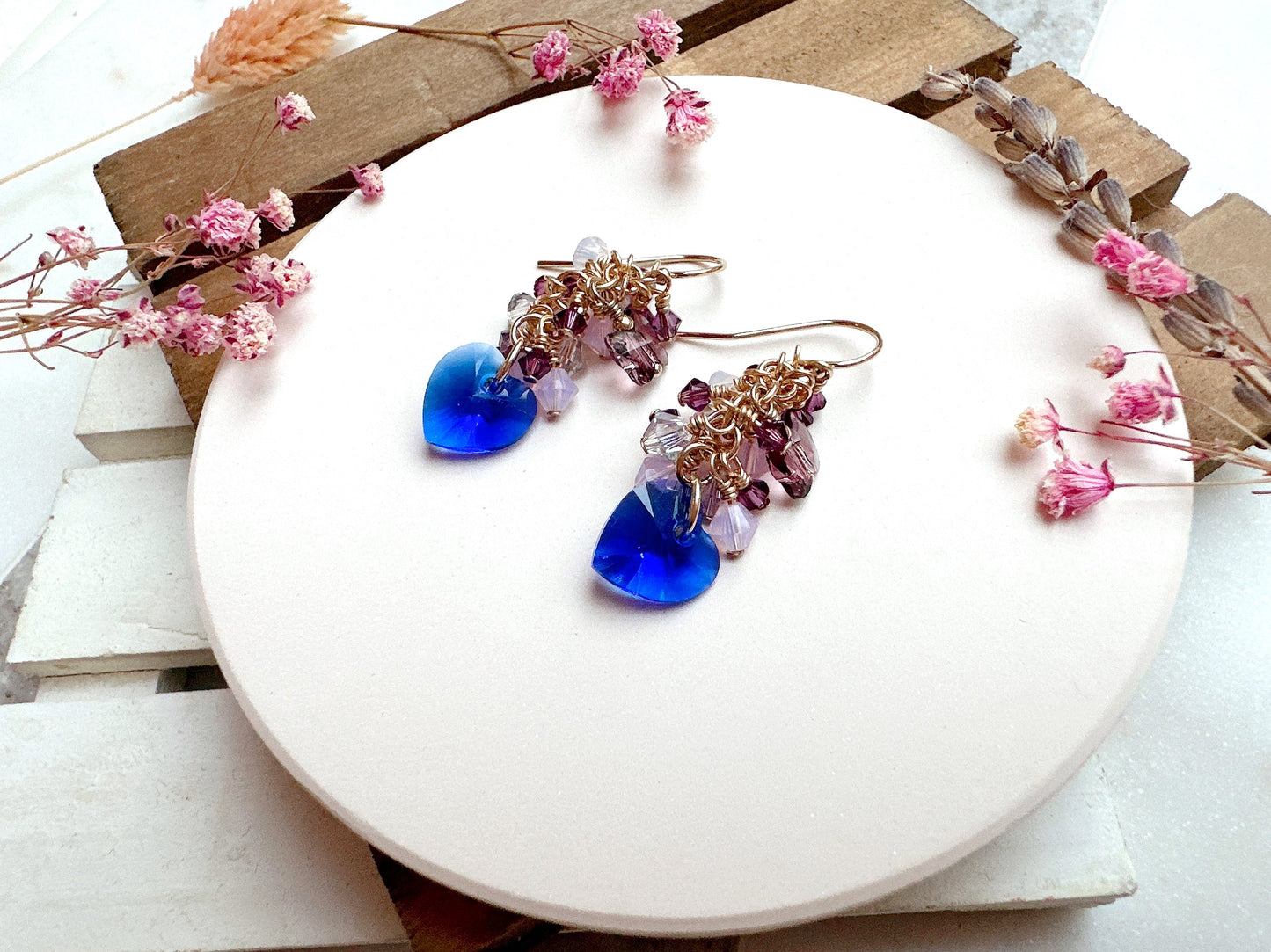 Majestic Blue Heart Crystal Cluster Earrings