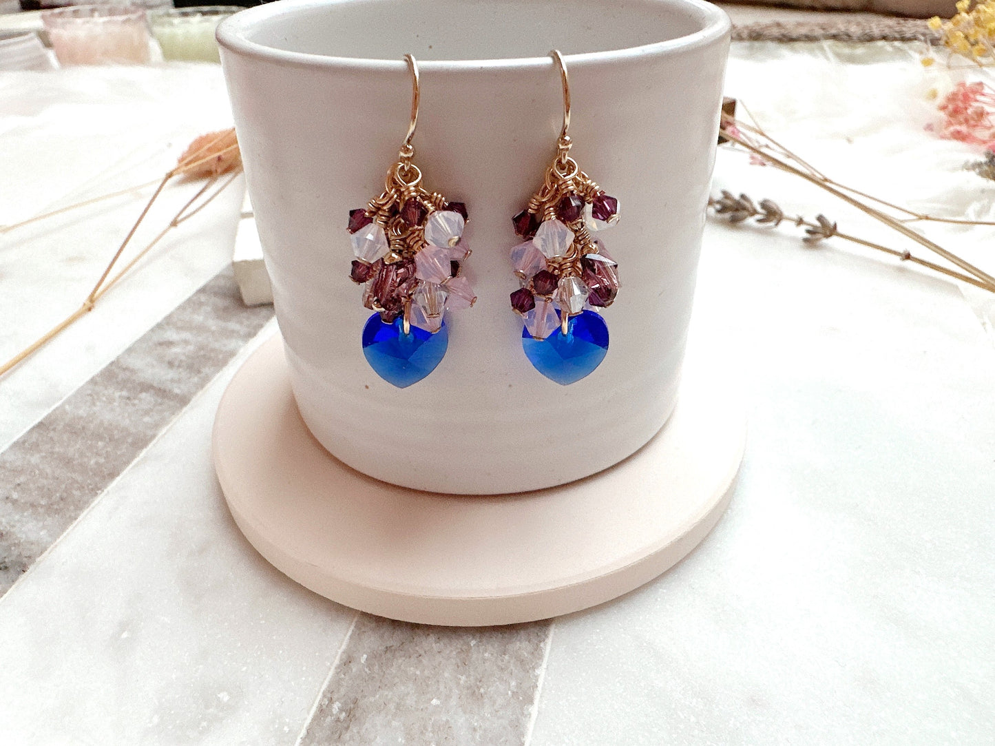Majestic Blue Heart Crystal Cluster Earrings