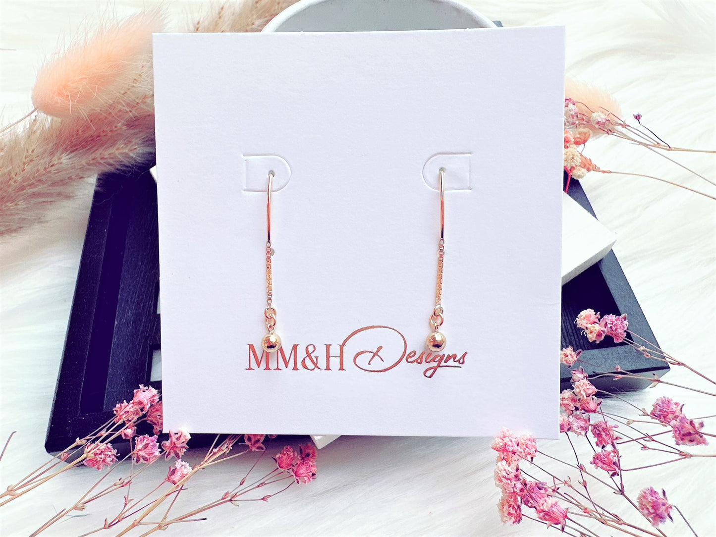 Marquise Hook Earrings with Box Chain and Bead Charm