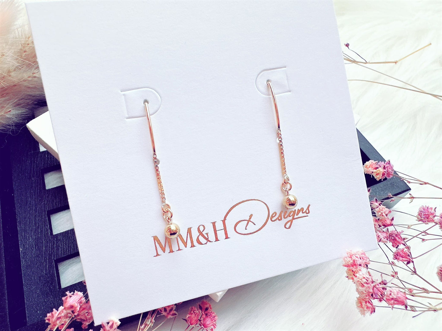 Marquise Hook Earrings with Box Chain and Bead Charm