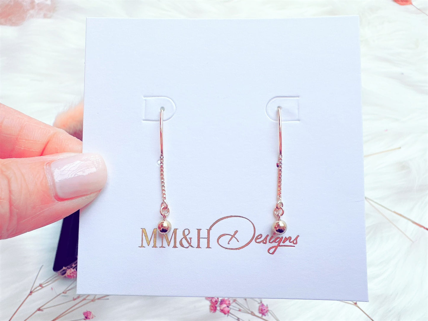 Marquise Hook Earrings with Box Chain and Bead Charm
