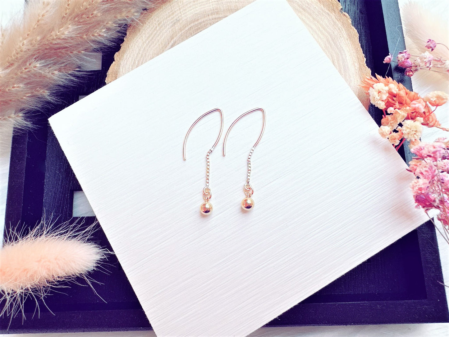 Marquise Hook Earrings with Box Chain and Bead Charm