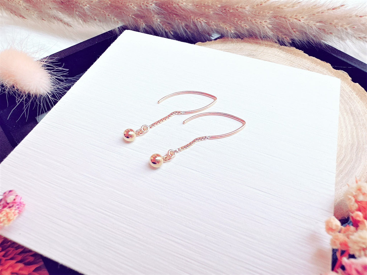 Marquise Hook Earrings with Box Chain and Bead Charm