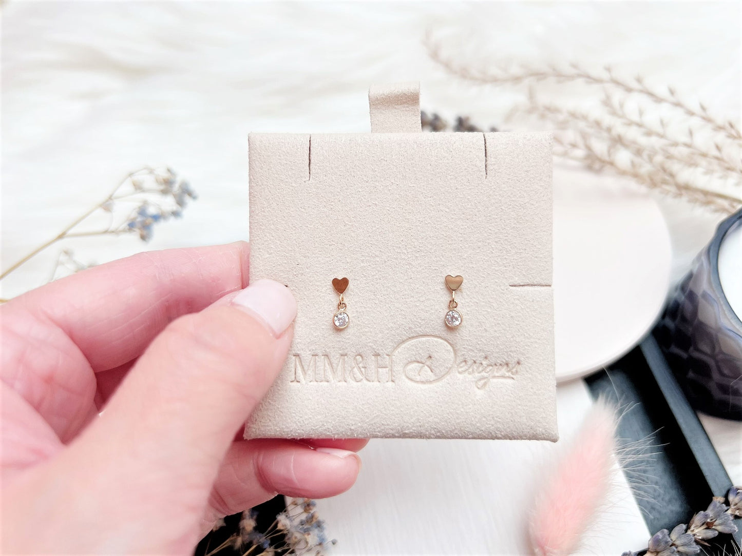 Mini Heart Stud Earrings with Cubic Zirconia Charm