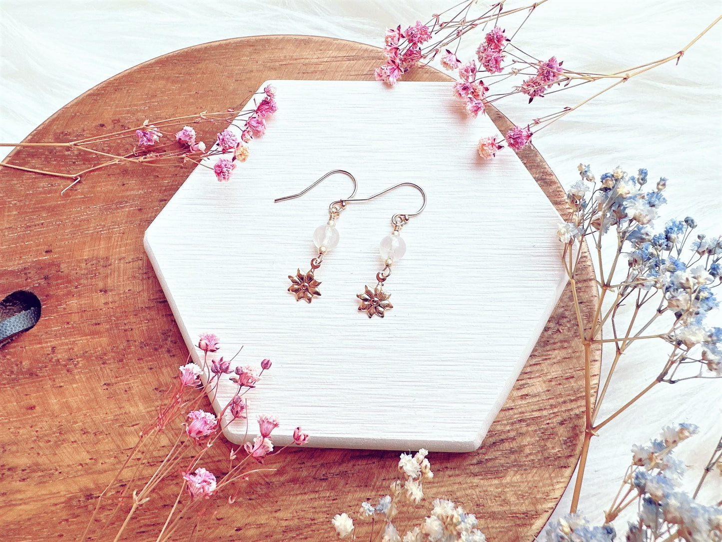 Moonstone with Flower Charm Drop Earrings