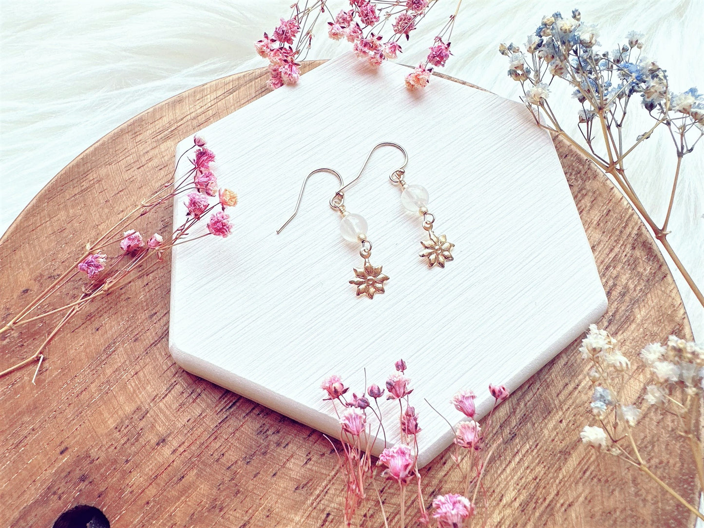 Moonstone with Flower Charm Drop Earrings