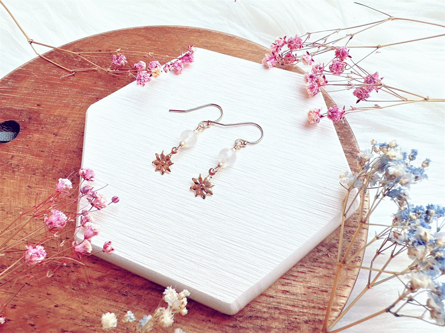 Moonstone with Flower Charm Drop Earrings