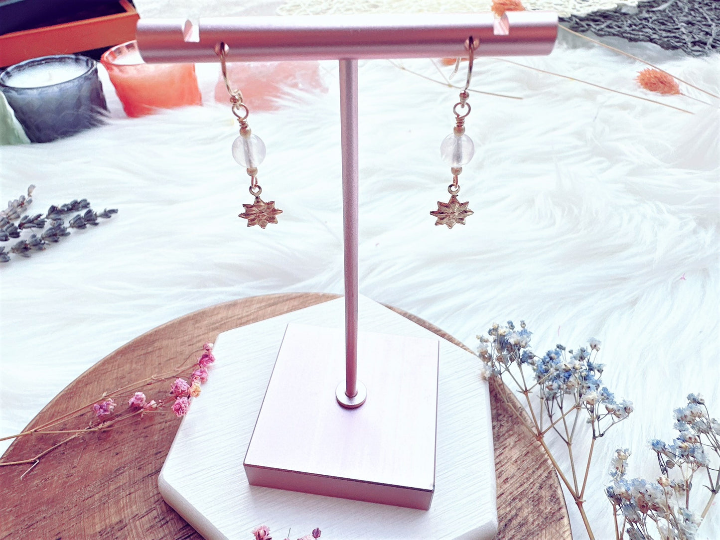 Moonstone with Flower Charm Drop Earrings