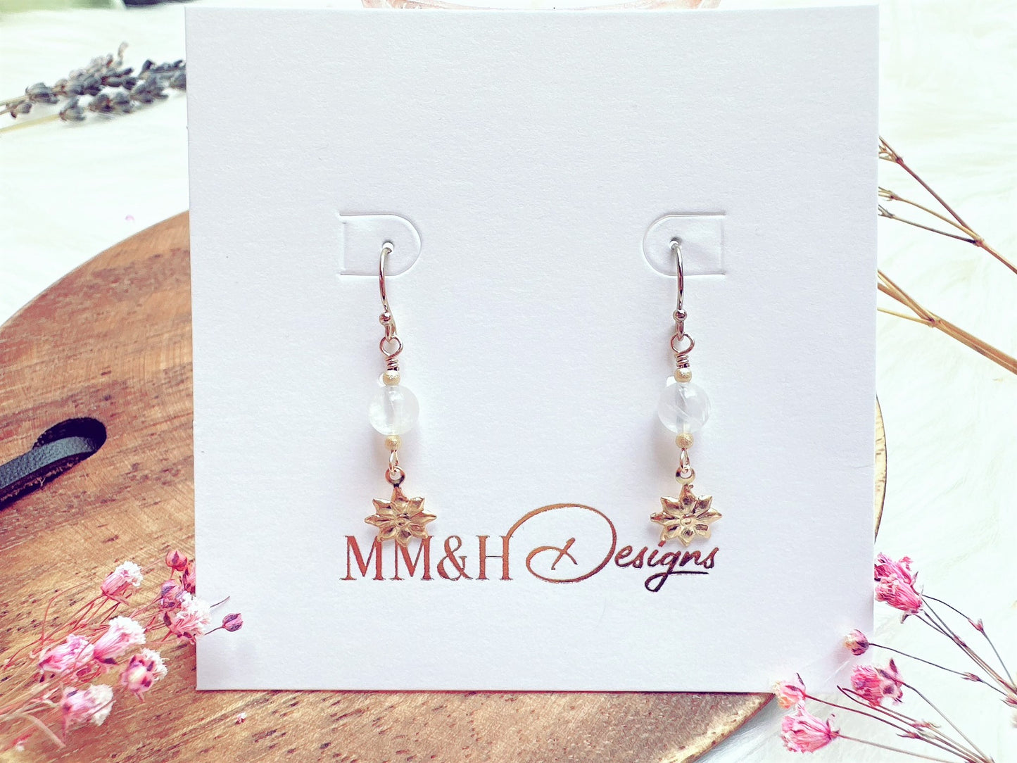 Moonstone with Flower Charm Drop Earrings